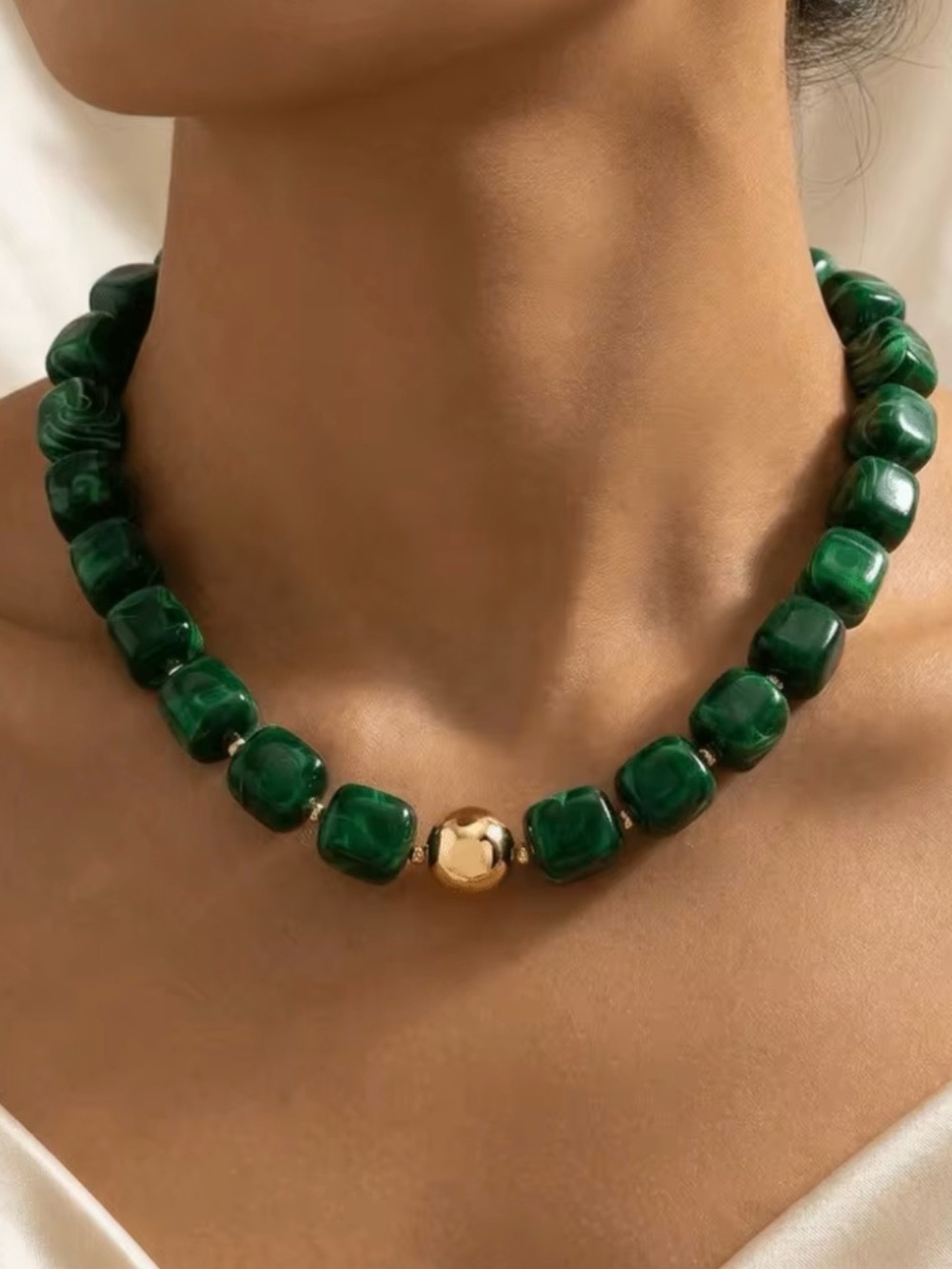 Green Beaded Necklace with Gold Accent